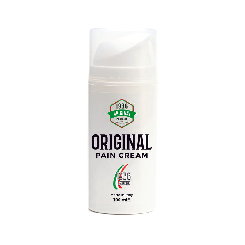 A white bottle of Original Pain Relief Cream features a green and red seal, labeled 1936 Original Pain Relief. Made in Italy with 100 ml of natural anti-inflammatory ingredients, it boasts a minimal and professional design.