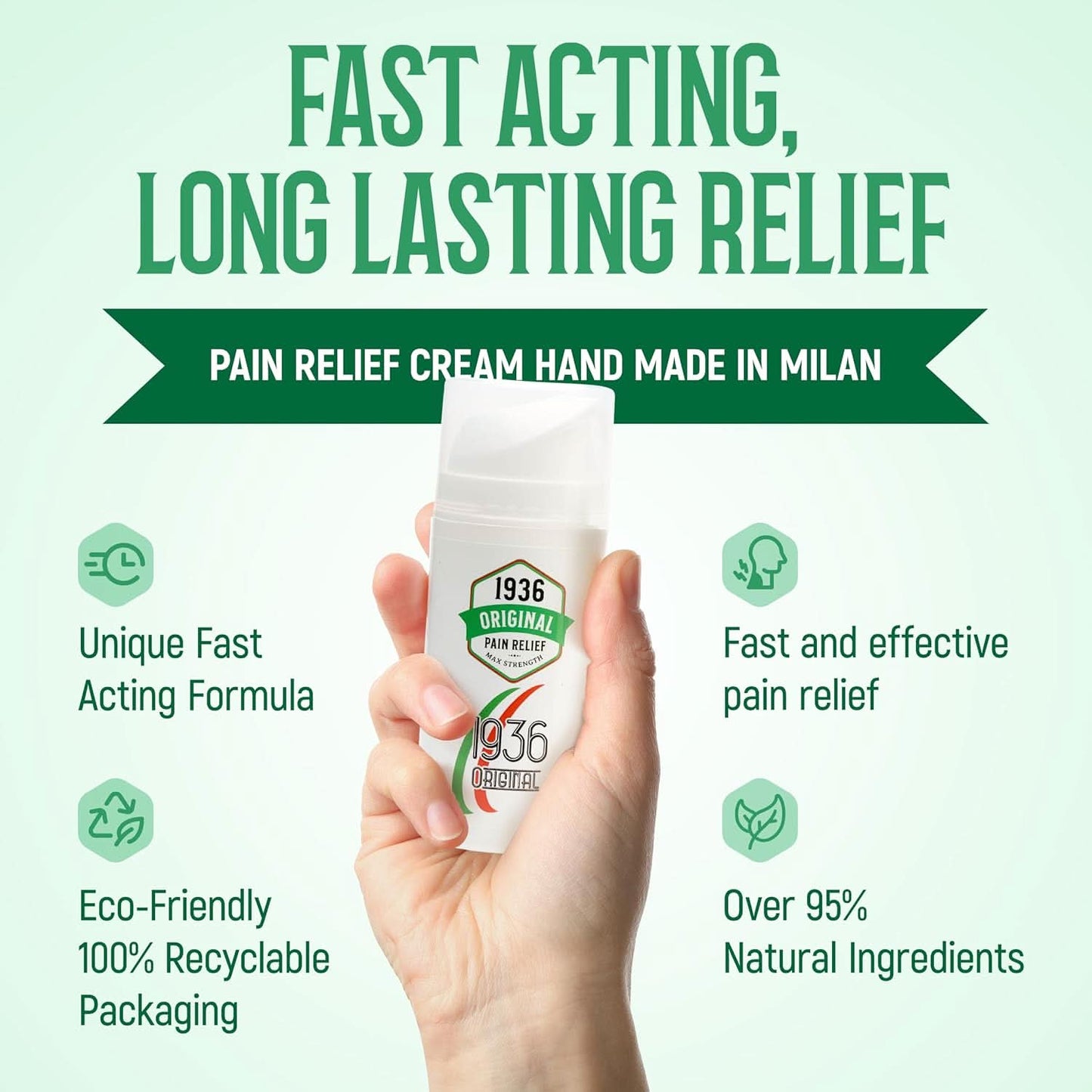 Hand holds a bottle of 1936 Original Pain Relief Cream, designed for 12-hour relief from muscle and joint pain using natural anti-inflammatory ingredients.